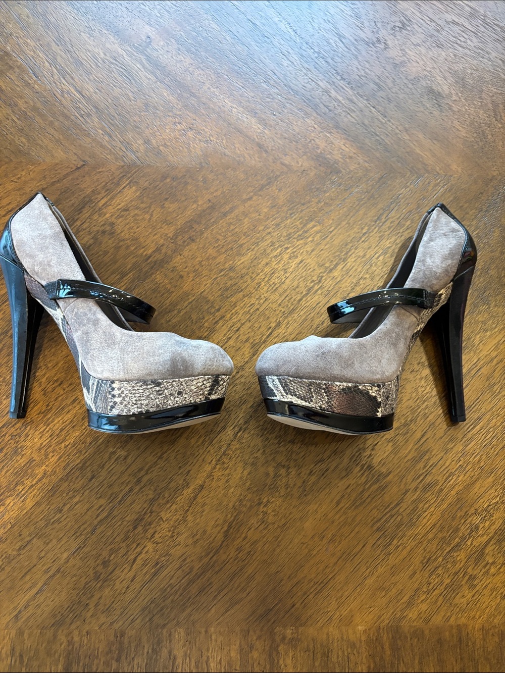 Jessica Simpson Taupe Suede Platform Pumps with Black Patent & Snakeskin Trim